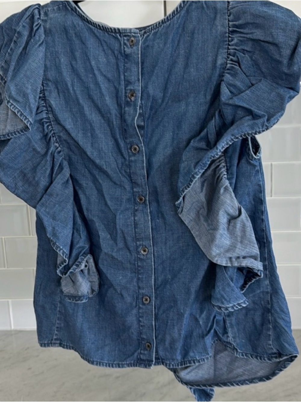 Frame Denim Blue Ruffle Tie-Front Denim Top - Picture 3 of 3